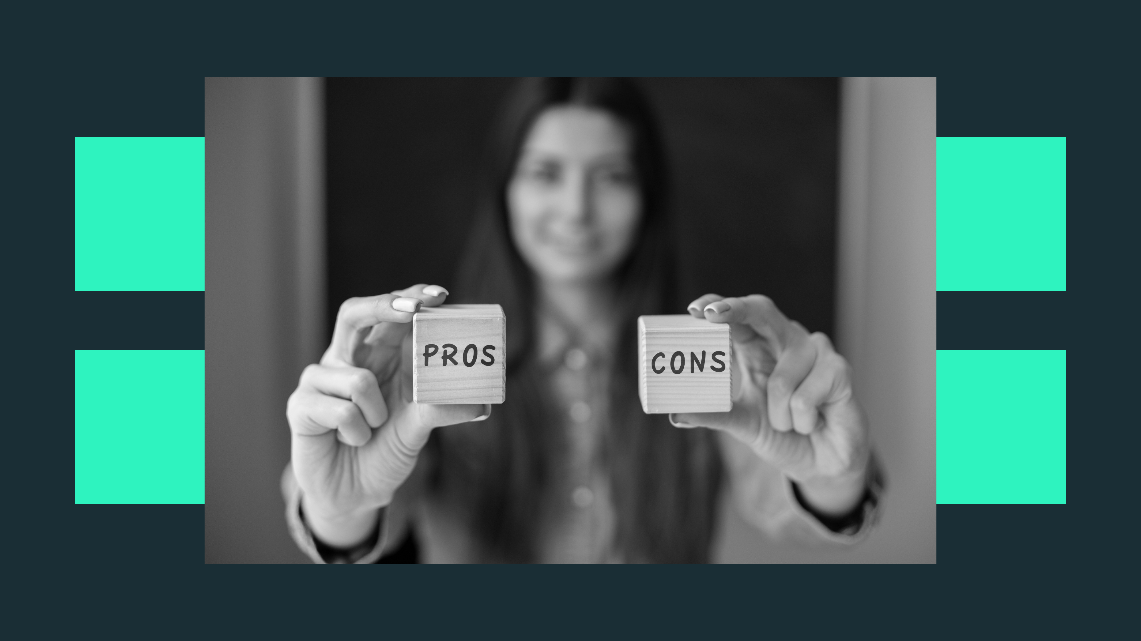 A woman holds up two cubes with 'pros' and 'cons' written on them